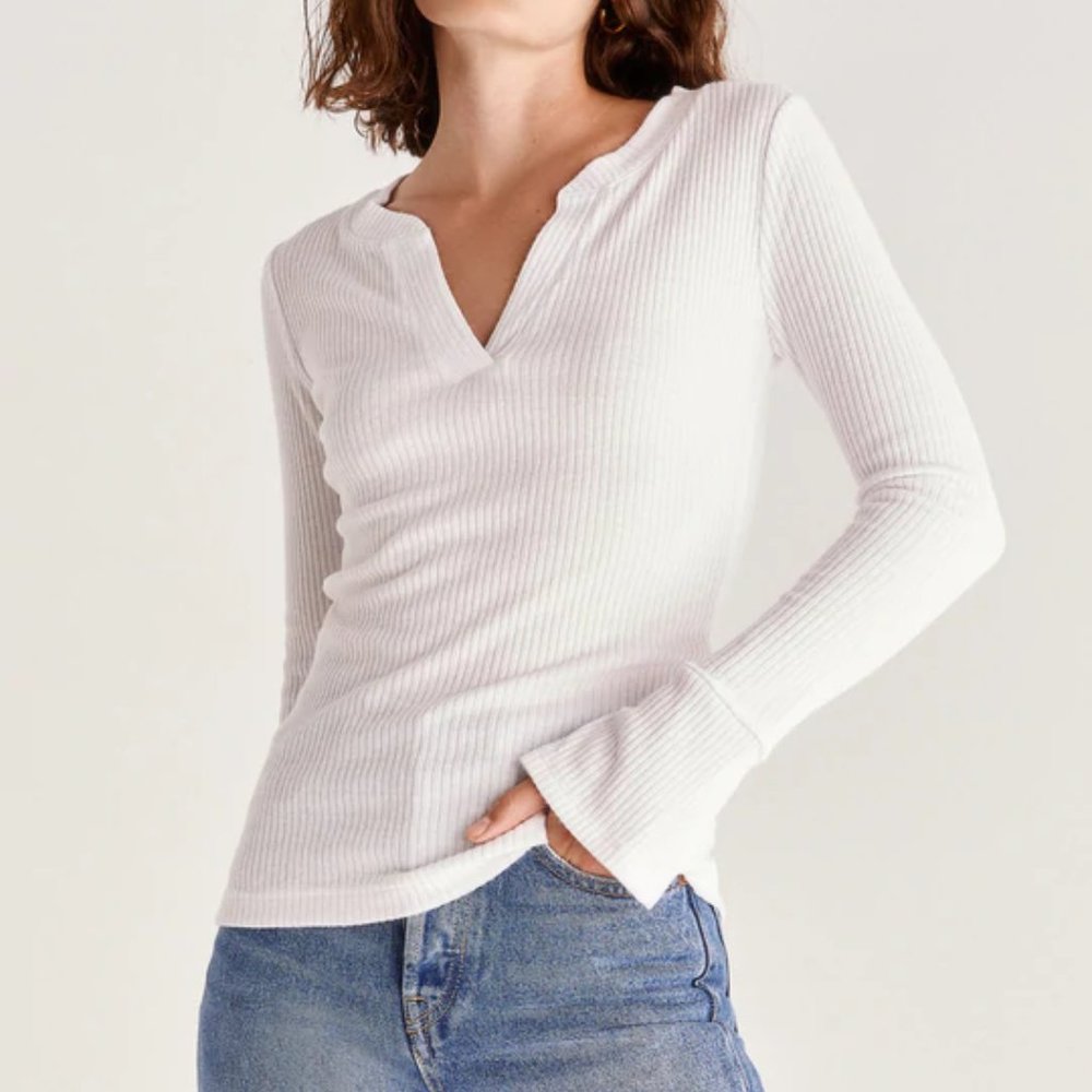 Z Supply Ezri Rib Long Sleeve Top White Small